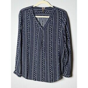 Brina & Em Blue White Boho Lemmy VNeck Blouse Tab Sleeves Women Size Large
